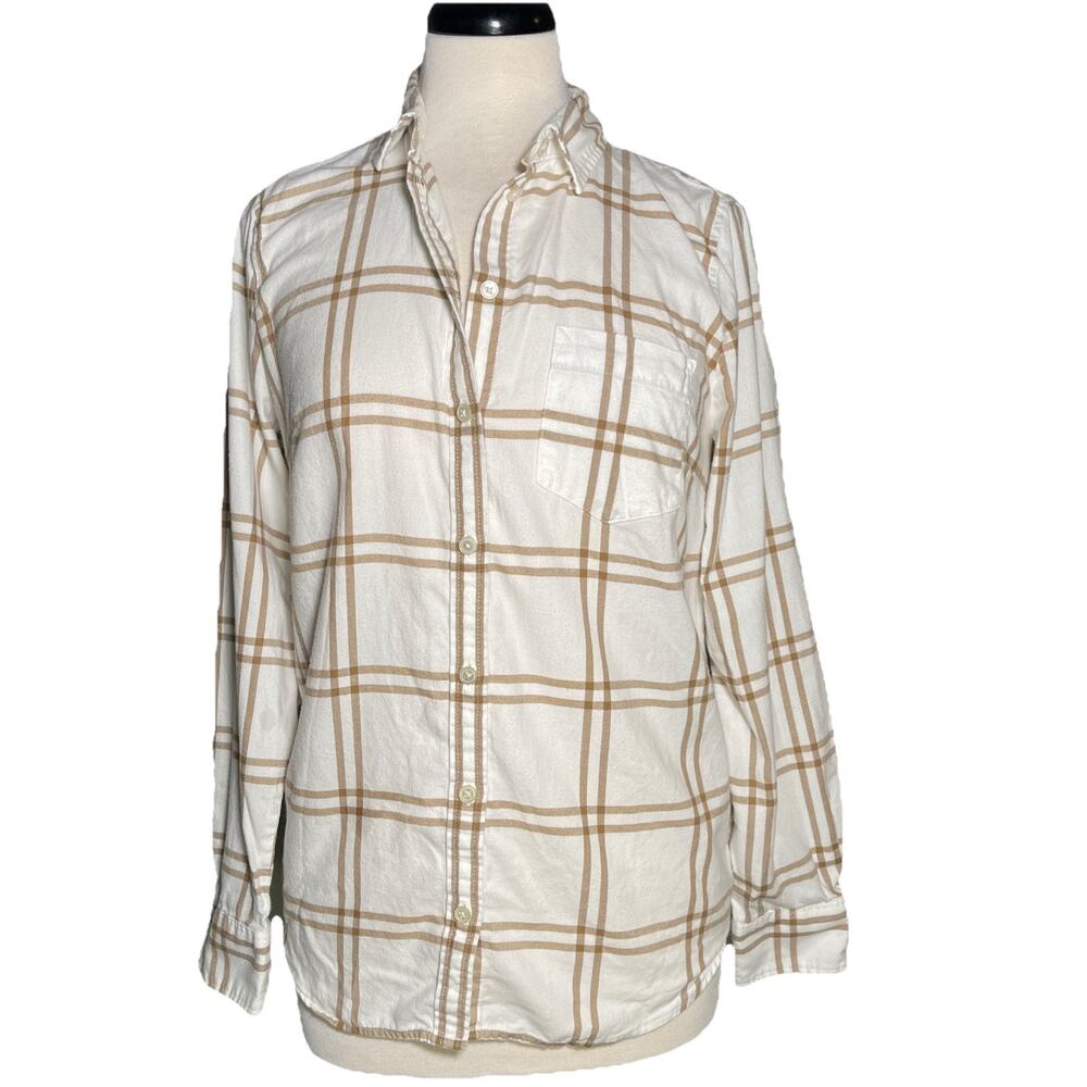 J. Crew Shirt Women's S Cream Tan Plaid Flannel Western Long Sleeve